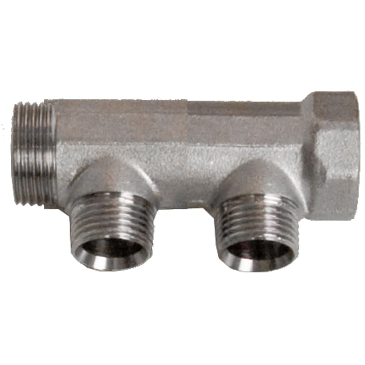 3/4" x 1/2" 2-grenat fördelningsrör mässing TEA-beläggning m/koppling.