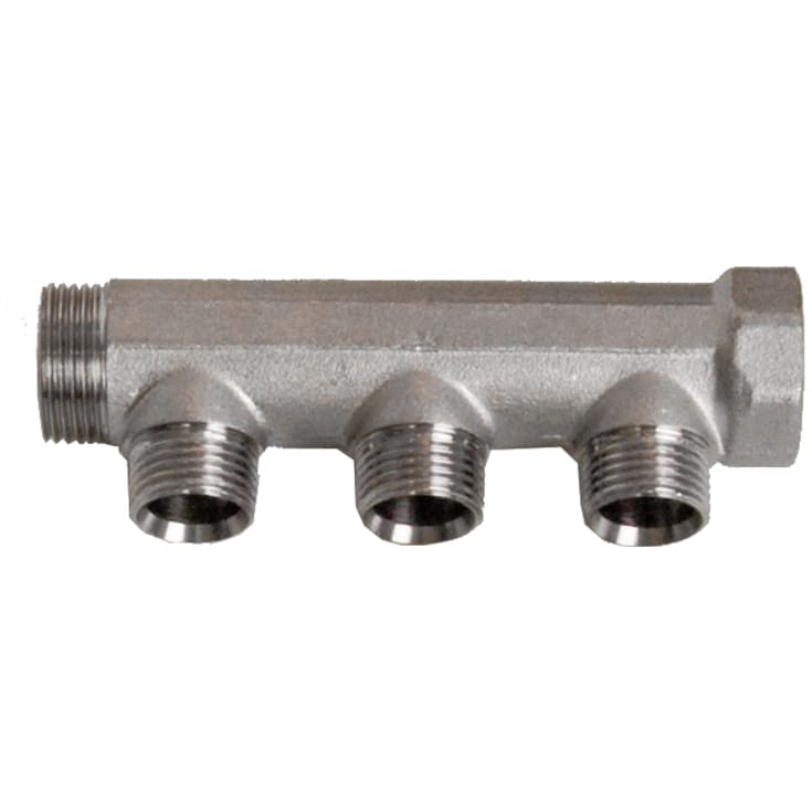 3/4" x 1/2" 3-grenet CC 35 fordelerrør messing TEA-belegg m/kobling.