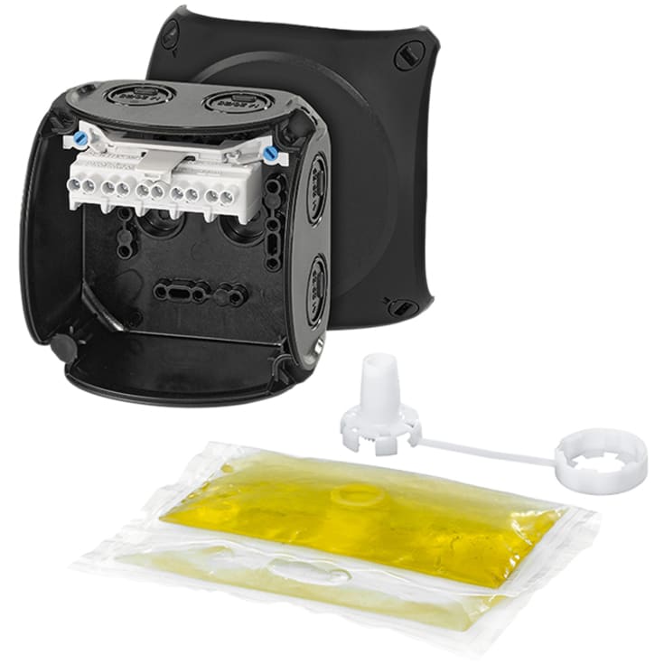 Koblingsboks WP0404B 1,5-4 mm² svart med gel 104x104x70 mm