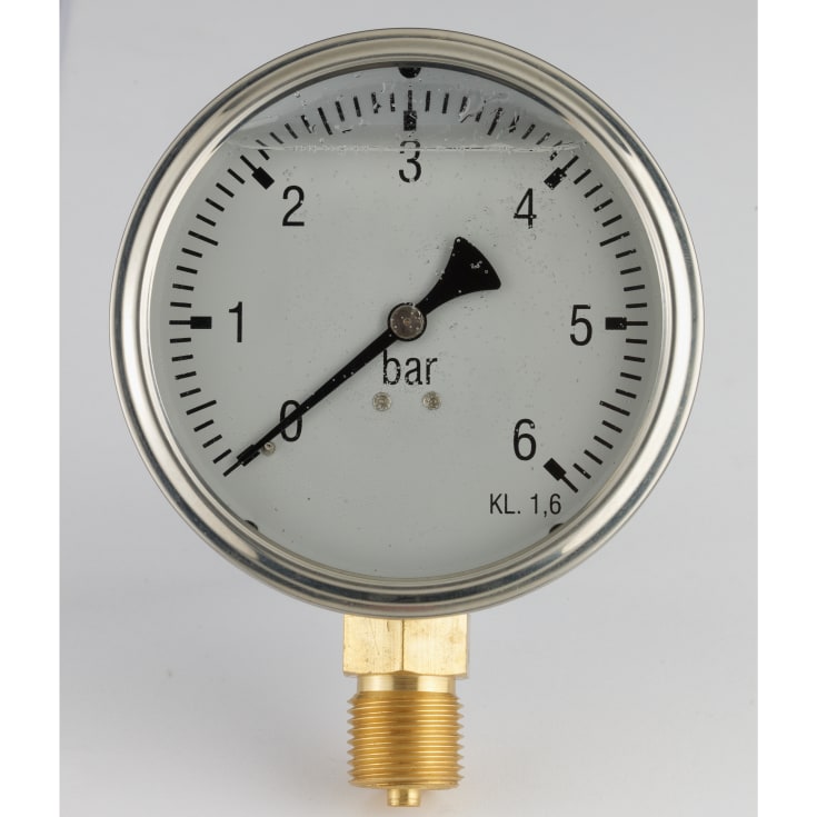 Manometer Ø100, ned, 1/2", 0-6 Barr rustfrit hus m/glycerin