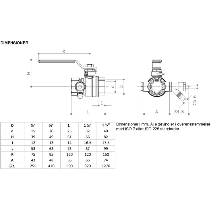 1.1/2" Kuglehane med aftap, m/m
