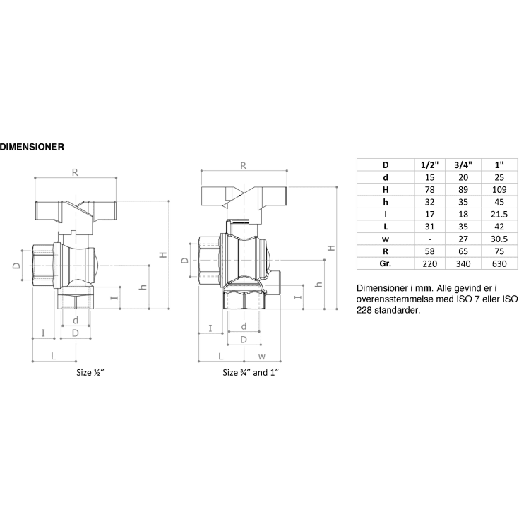 3/4" Vinkelløbende kuglhane muffe/muffe t-greb