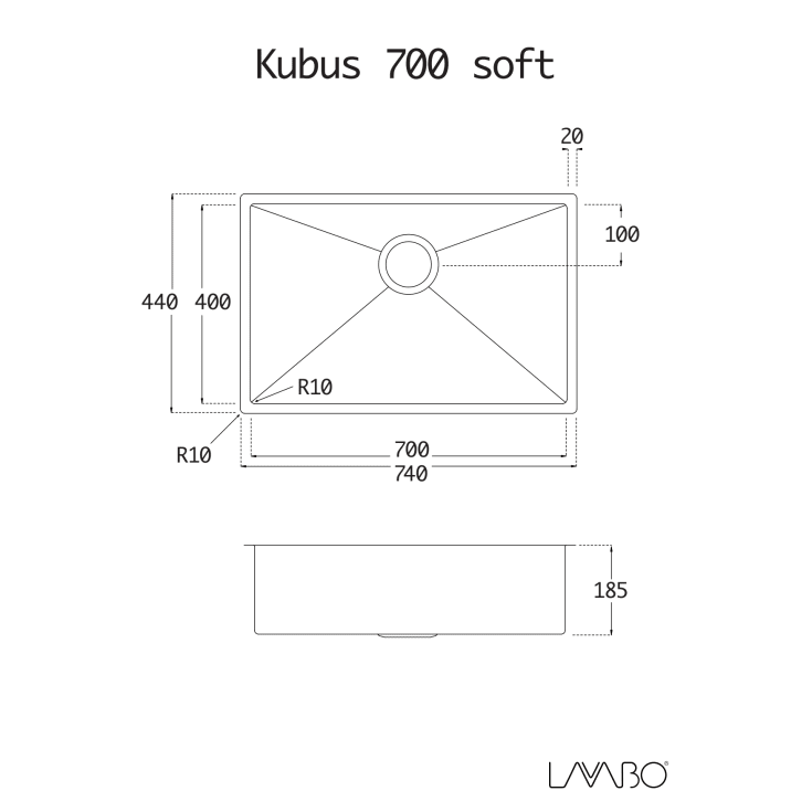 Lavabo Kubus 700 Soft diskbänk, 74x44 cm, rostfritt stål
