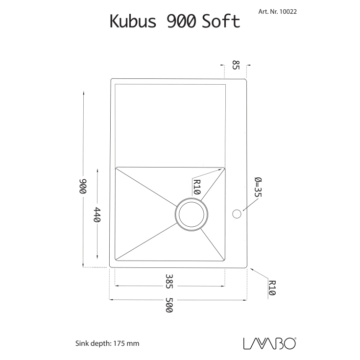 Lavabo Kubus 900R Soft kjøkkenvask, 90x50 cm, rustfritt stål