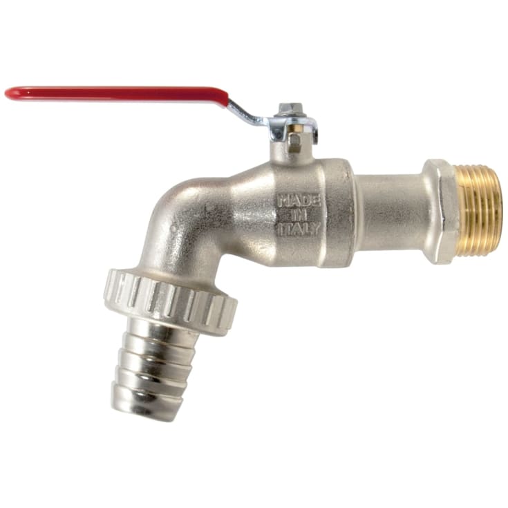 1" kuleventil med slangekobling. Rødt vingehåndtak.