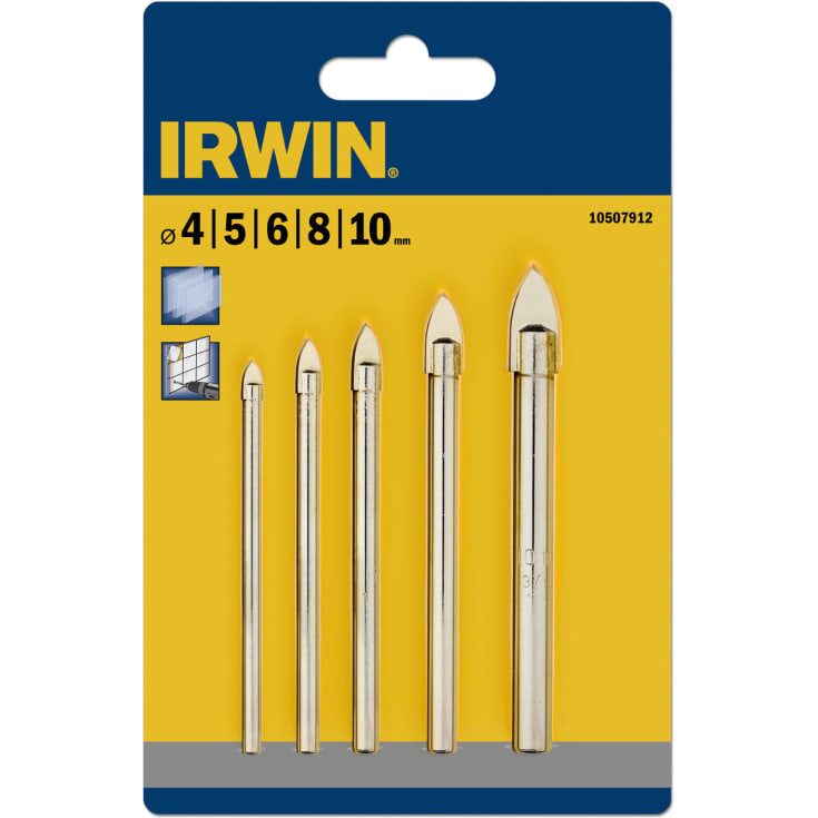 Irwin glas-, flise- og porcelænsbor, sæt med 4, 5, 6, 8, og 10 mm