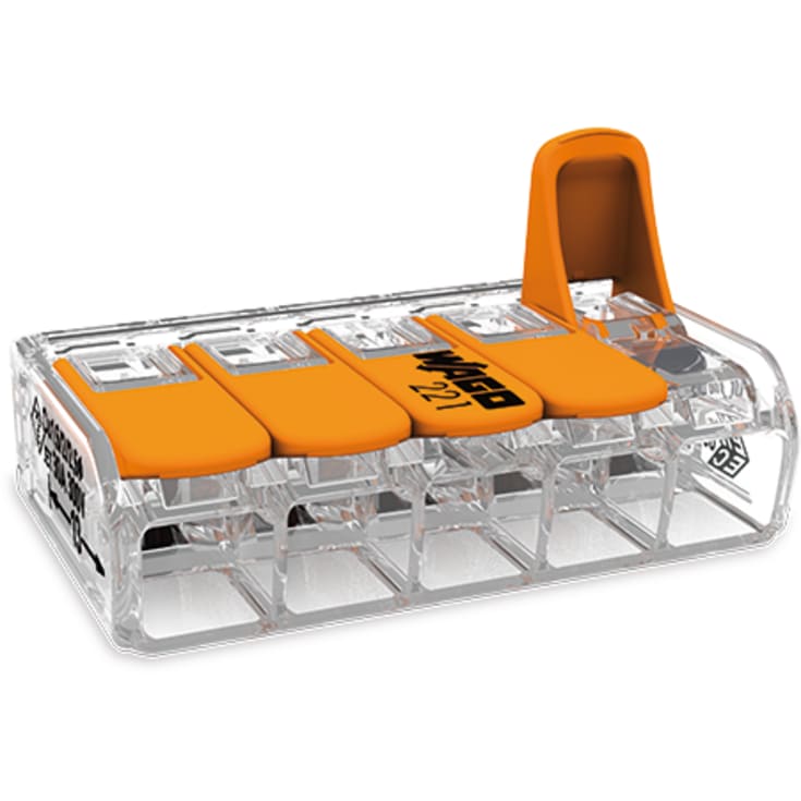 15 stk Samlemuffe 5x0,5-6 mm² transparent med orange pal, serie 221