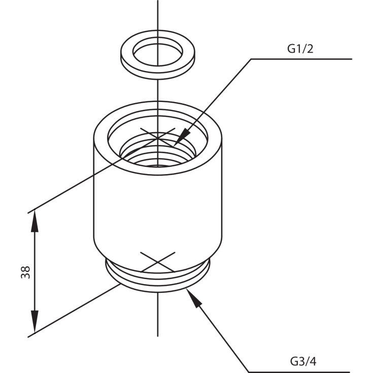 Damixa overgang, 1/2" x 3/4", krom