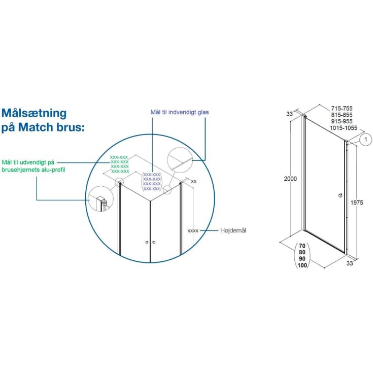 Dansani Match brusedør, model A, niche, 71,5 cm, klart glas, satin profil