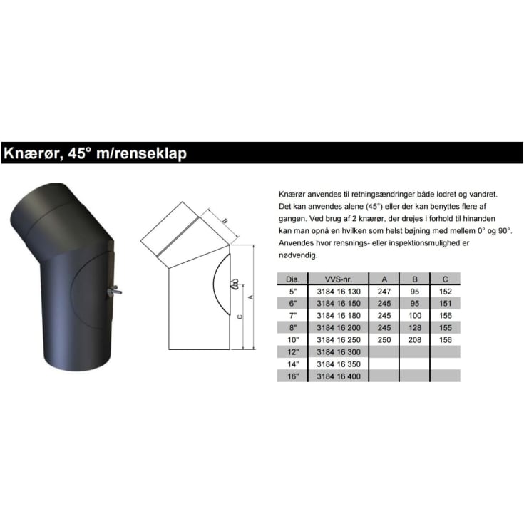 Metalbestos knærør 6"/150 mm, renseklap, 45°