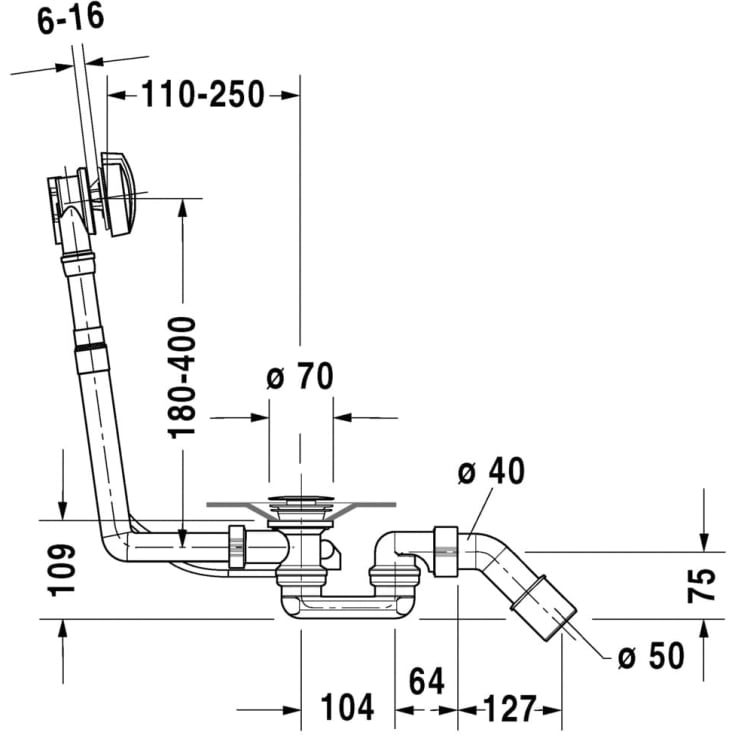 Duravit av- og overløpssett, 53 cm, krom