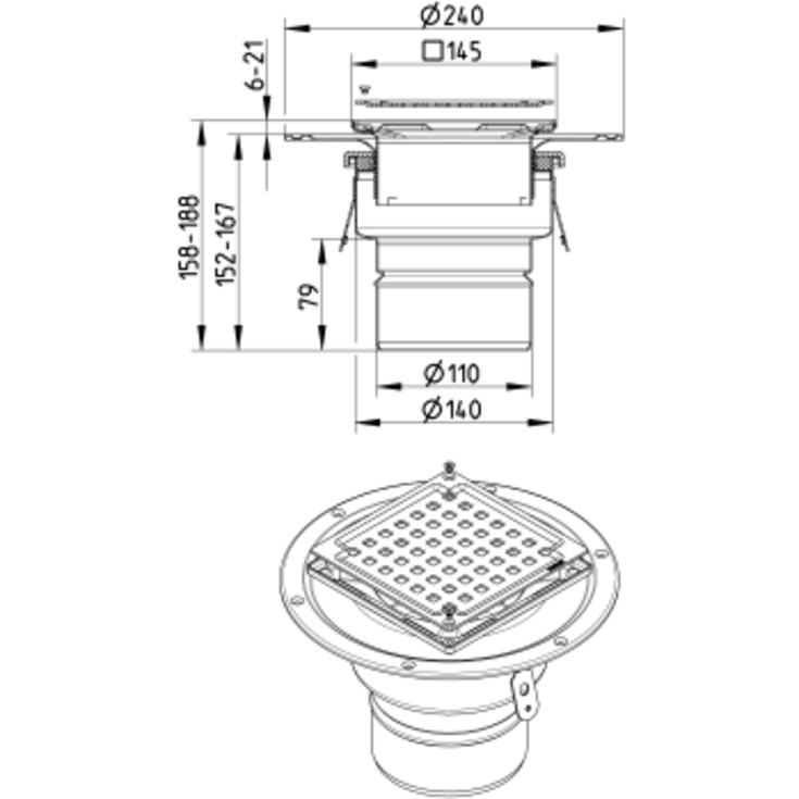 Blücher Square sluk, for betong og flis, Ø110 mm