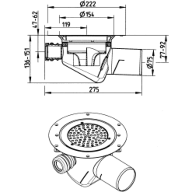 Blücher Circle sluk, for vinylbelegg, lav model, Ø75mm