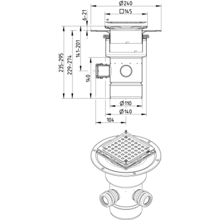 Blücher Square afløbsskål, til beton og flisegulv, Ø110 mm