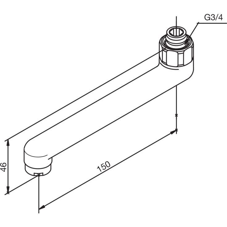 Damixa D-tud, svingbar, 150 mm, 3/4", krom