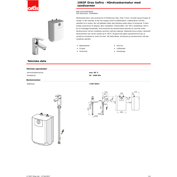Oras Safira håndvaskarmatur, 5 liters vandvarmer, krom