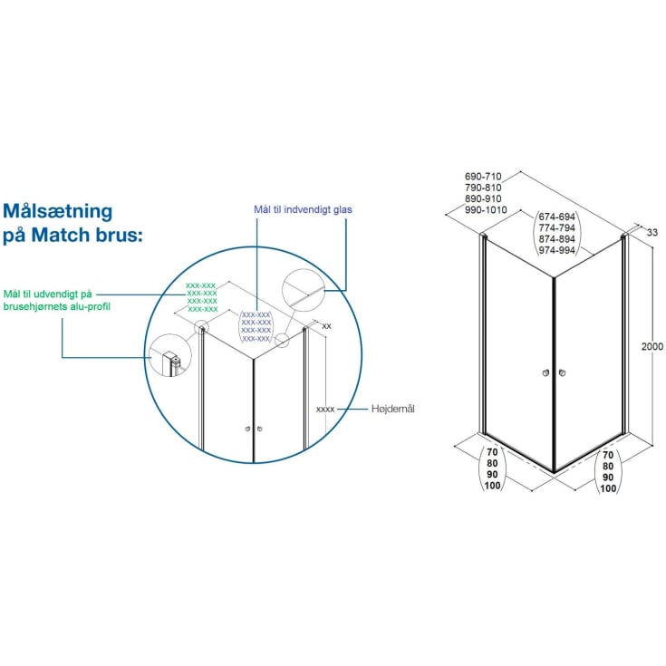 Dansani Match brusehjørne, model A+A, 89x89 cm, klart glas, satin profil