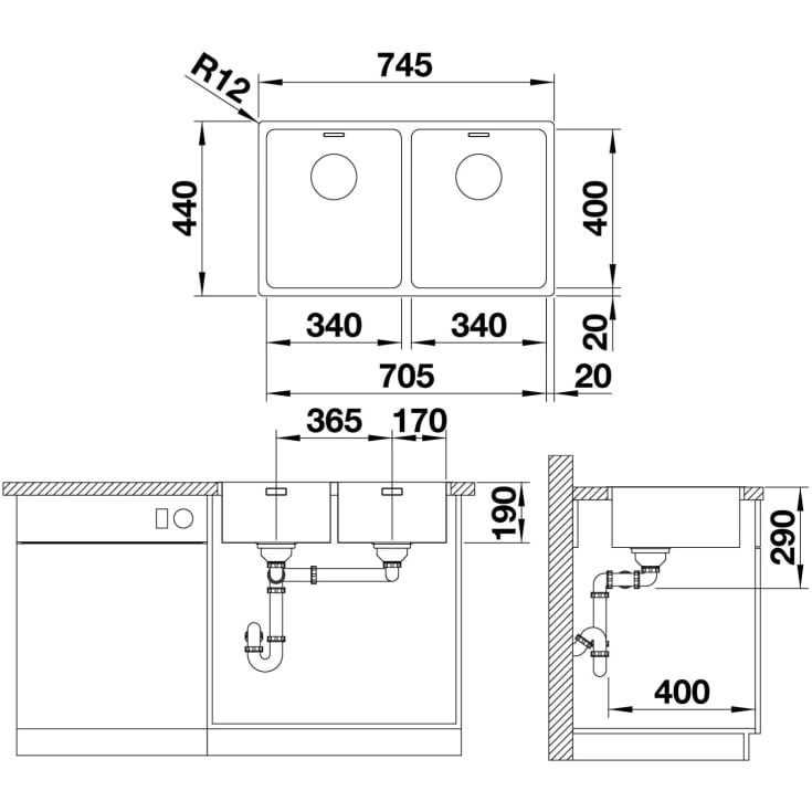 Blanco Andano 340/340-IF/N UXI køkkenvask, 74,5x44 cm, rustfrit stål