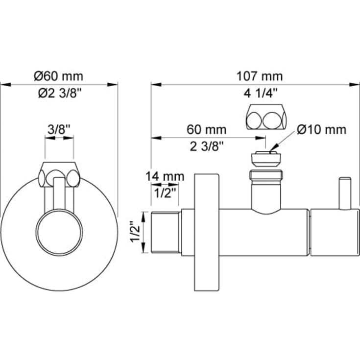 Vola S10 Stopventil m/dækkappe 1/2" x 10 mm (3/8" nippel) - Messing natur