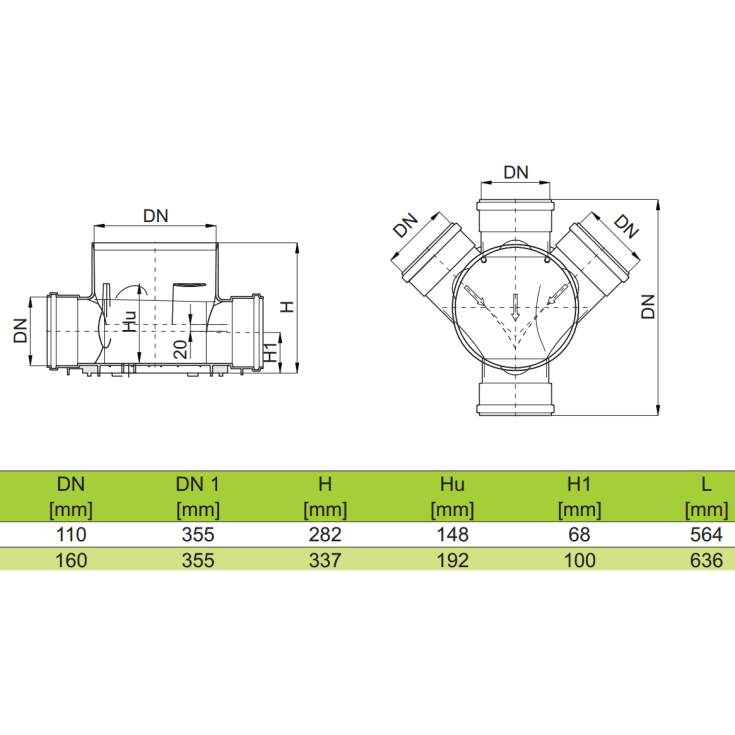 Rense- & inspektionsbrønd 160x315 mm, højre/venstre tilløb