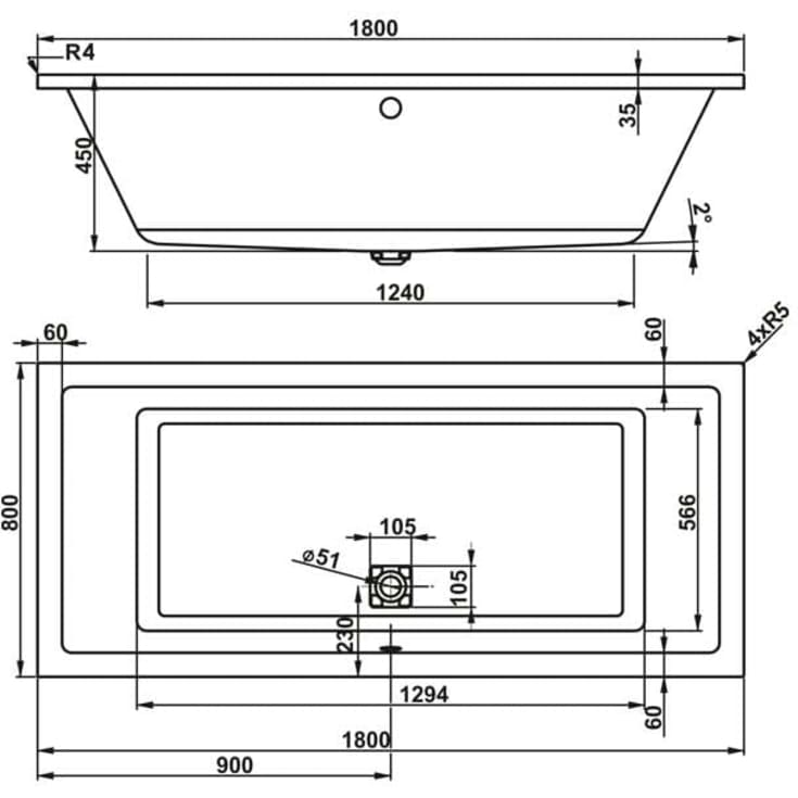 Royal Vigga 180x80cm spa, C3S vandmassage fra sider og bund