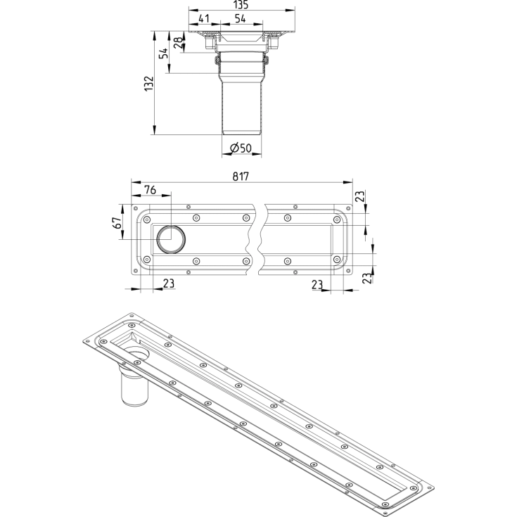 Blücher Waterline avløpsarmatur , for vinylbelegg, 800 mm