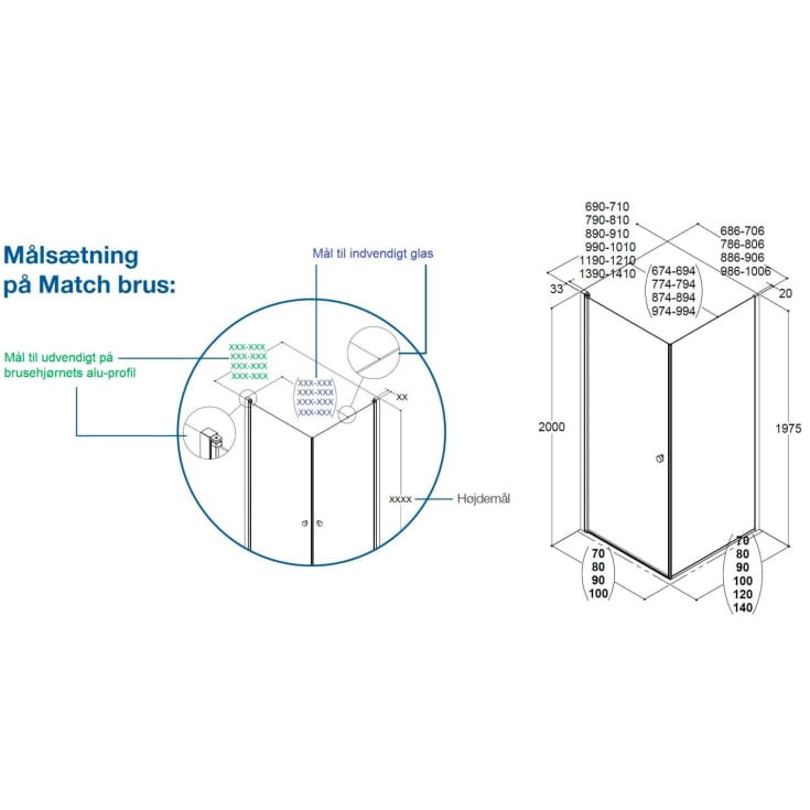 Dansani Match brusehjørne, model A+D, dør og væg, 69x69, klart glas, satin profil