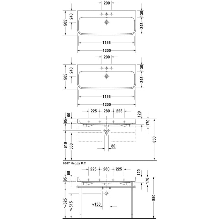Duravit Happy D.2 håndvask, 120x50,5 cm, hvid