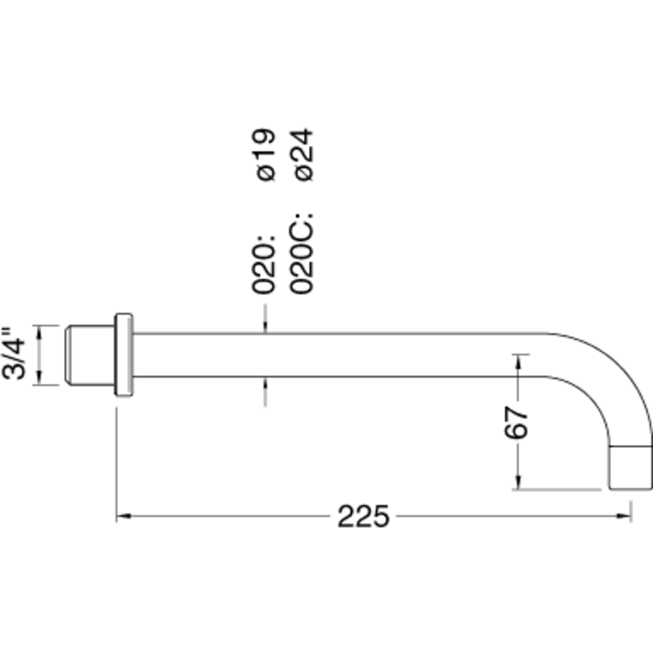 Vola 225 mm fast tud, børstet krom