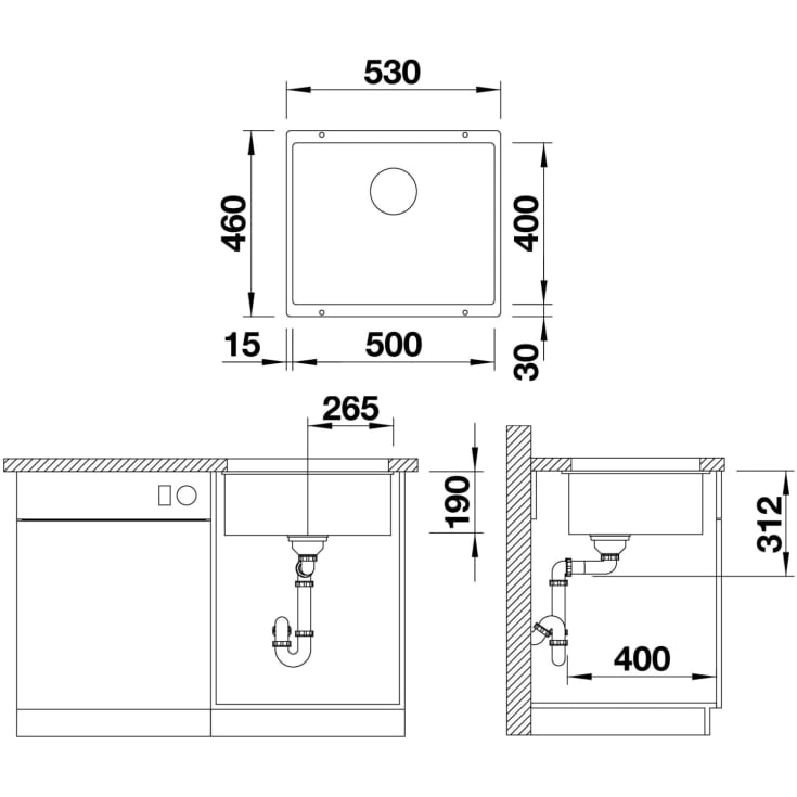 Blanco Subline 500-U UXI køkkenvask, 53x46 cm, sort