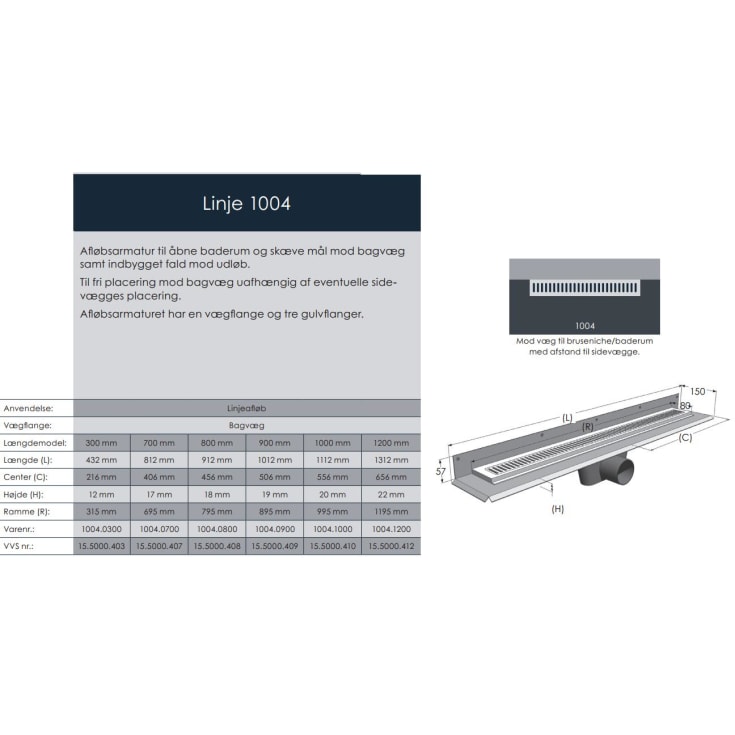 Unidrain komplet gulvafløb, 1000 mm, til 8 mm fliser, mod bagvæg
