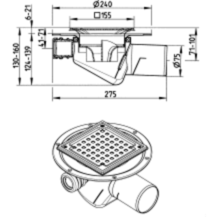 Blücher Domestic-150 afløbsskål, til beton og flisegulv, lav model, Ø75 mm