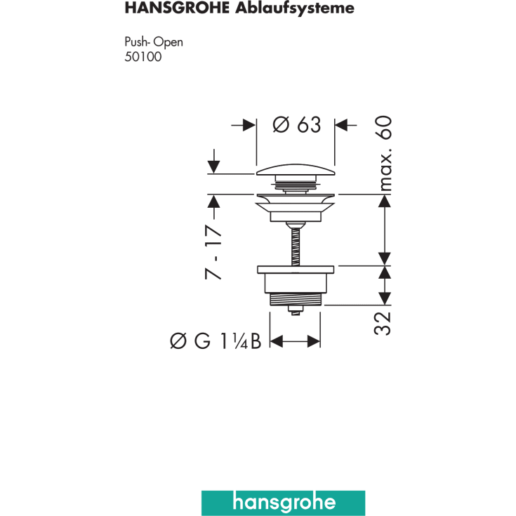 Hansgrohe bunnventil, push-open, krom
