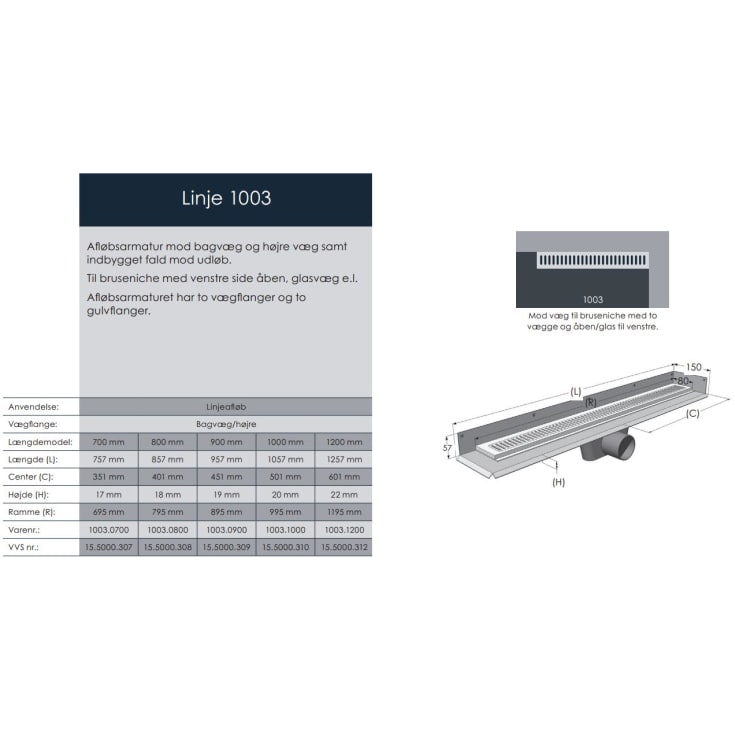 Unidrain Highline 1003 afløbsarmatur, 1000 mm, mod højre væg