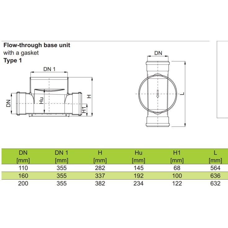 Rense- & inspektionsbrønd 160x315 mm, lige gennemløb