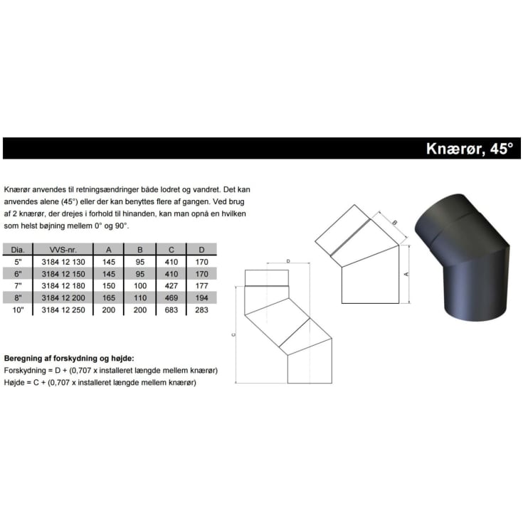 Metalbestos knærør 8"/200 mm, 45°
