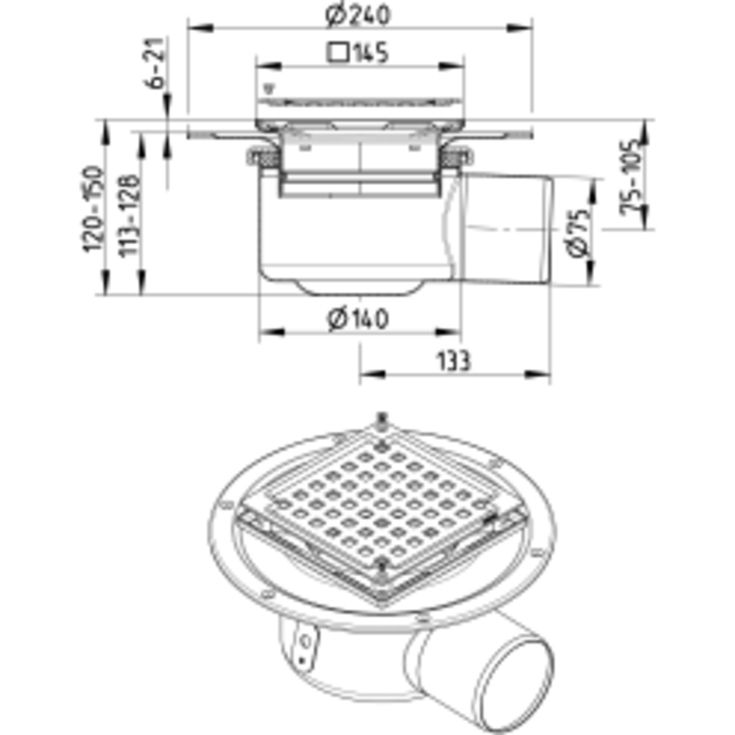 Blücher Square afløbsskål, type 310, til beton og flisegulv, Ø75 mm