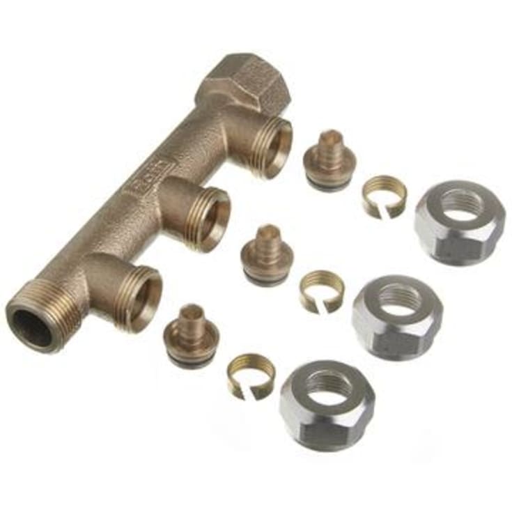 Roth rødgods fordelerrør 3/4", fast muffe, 3 afgreninger med 15 mm omløber