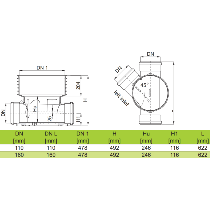 Rense- & inspektionsbrønd 110x425 mm, venstre tilløb