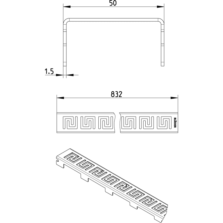 Blücher Waterline Athens rist, 900 mm, rustfrit stål