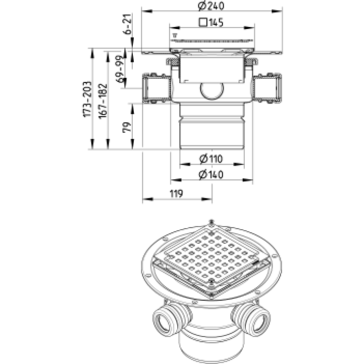 Blücher Square sluk, for betong og flis, Ø110 mm