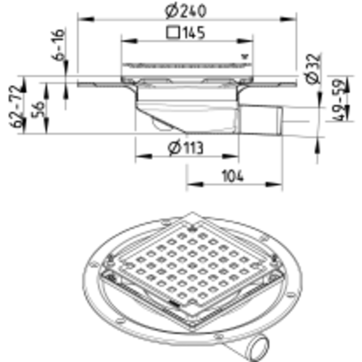 Blücher Mini Square sluk, for betong og flis, Ø32 mm
