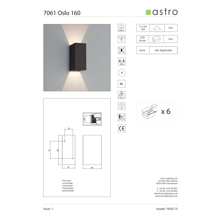 Væglampe Astro 7061 Oslo 160 LED 2x3W, udendørs, sort, IP65