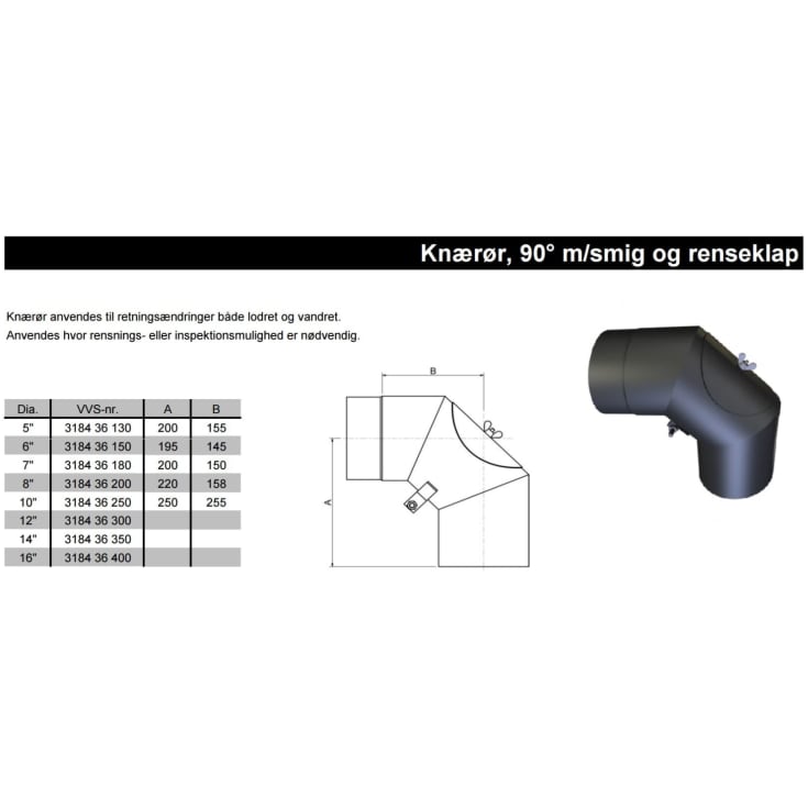 Metalbestos knærør 8"/200 mm, smig, renseklap, 90°