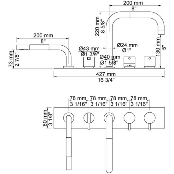 Vola BK15 karbatteri med termostat, svingbar tut 090d, hånddusj, rustfritt