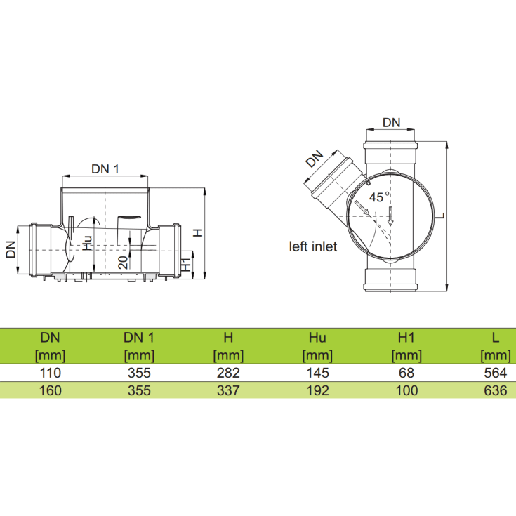 Rense- & inspektionsbrønd 110x315 mm, venstre tilløb