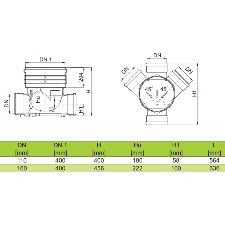 Rense- & inspektionsbrønd 110x425 mm, højre/venstre tilløb