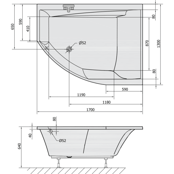 Royal Thilde C4K spabad, 170x130 cm, højre, hvid