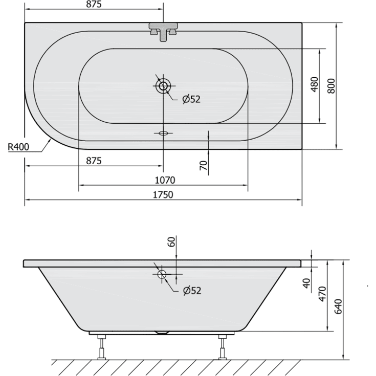 Royal Viva badekar, 175x80 cm, højre, hvid