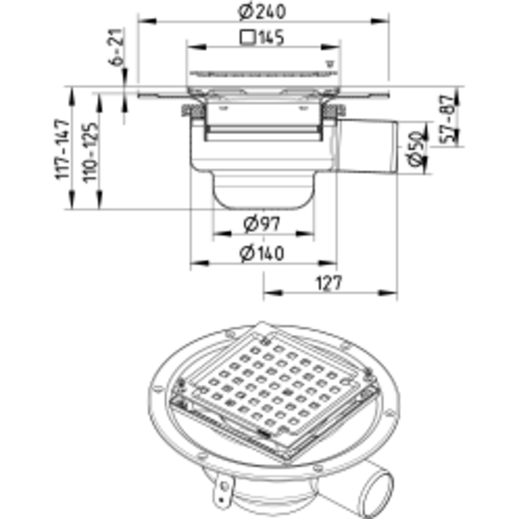 Blücher Square afløbsskål, til beton og flisegulv, Ø50 mm